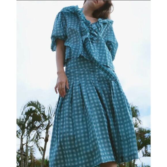 INNIKA CHOO Sz 3 Large Linen Pleat Midi Skirt Aquifer Gingham NWT - Picture 10 of 10